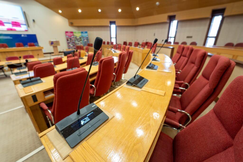 Seating and delegate microphones at the Highlands Council town hall