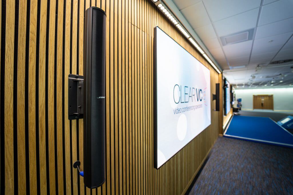 Bose audiobars mounted to the wall for exceptional audio during presentations and events